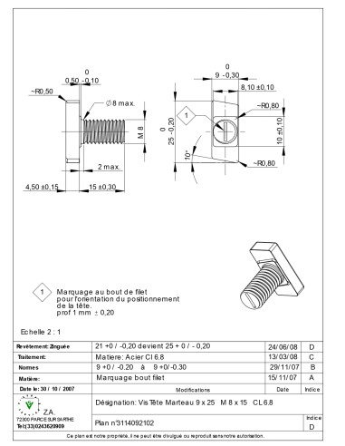 1 x Vis métaux Tête marteau M8/15 9X25 Classe...