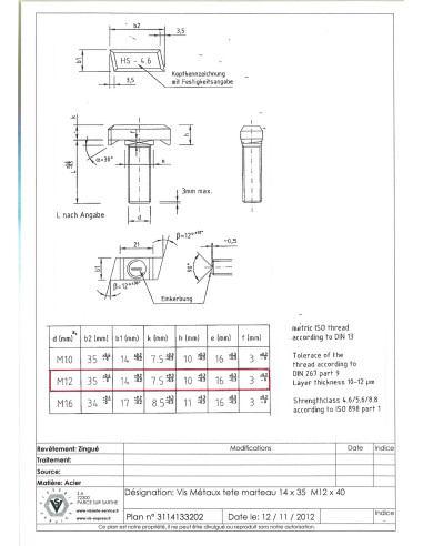 1 x Vis métaux Tête marteau M12X40 14X35 Acier...