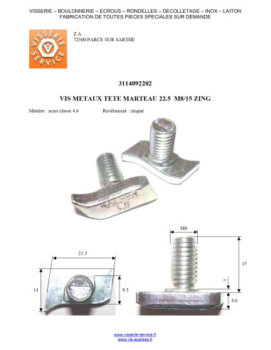 1 x Vis métaux Tête marteau M8/15 22.5 Acier...