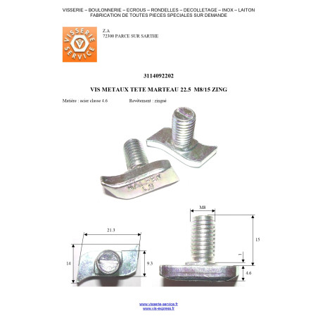 1 x Vis métaux Tête marteau M8/15 22.5 Acier zingué