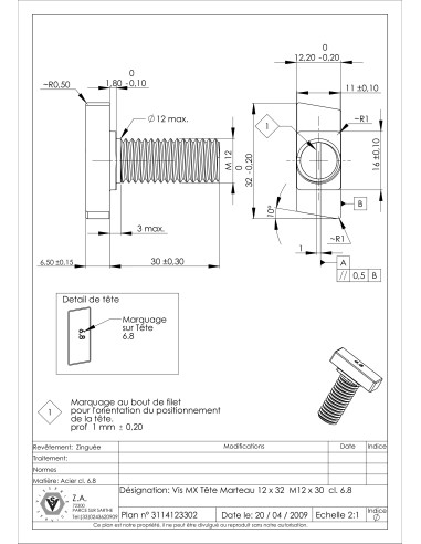 1 x Vis métaux Tête marteau M12/30 12X32 Classe...