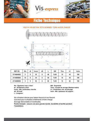 1 x Vis béton Tête Bombée TORX TORX T30 6X60...