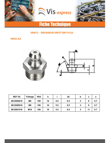 1 x Graisseur droit M8 Pas de 100 Inox A4