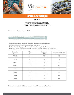 Vis Béton Tête cylindrique TC Réduite 7.5X100 Diamètre de...