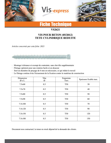 1 x Vis Béton Tête cylindrique TC Réduite...