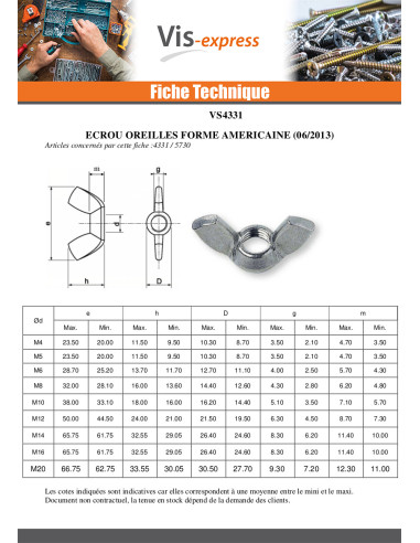 1 x Ecrou à oreille M20 Forme amEricaine Acier...
