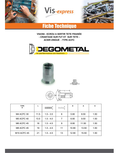 1 x Ecrou à sertir Cranté Tête fraisée M5X13.5...