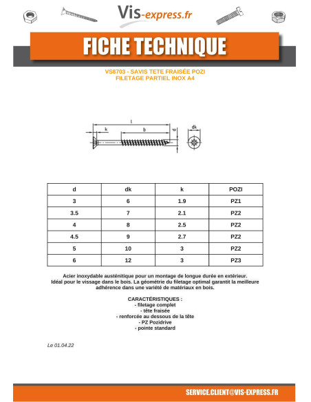 1 x VBA Vis bois agglo Tête fraisée Pozi N°2 4X40 Filetage partiel Inox A4