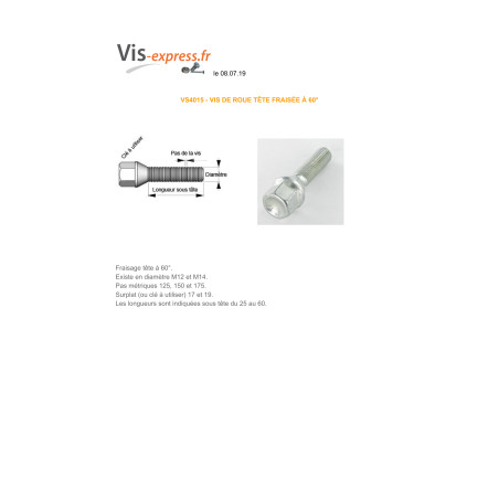 1 x Vis ROUE M12X60 Pas de 125 S/PL17 Classe 10.9 Acier zingué