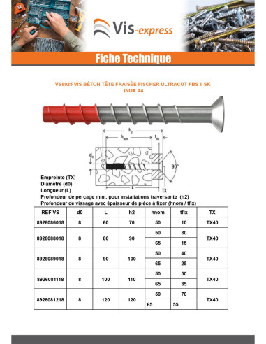 1 x Vis béton Tête fraisée FISCHER ULTRACUT FBS...