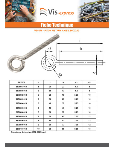 1 x Piton Métaux M8X80 Oeil 10 Inox A2