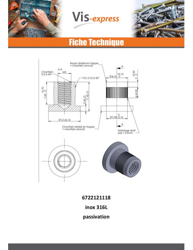 1 x Ecrou Relieur Tête plate TP Moletée M5X8.5...