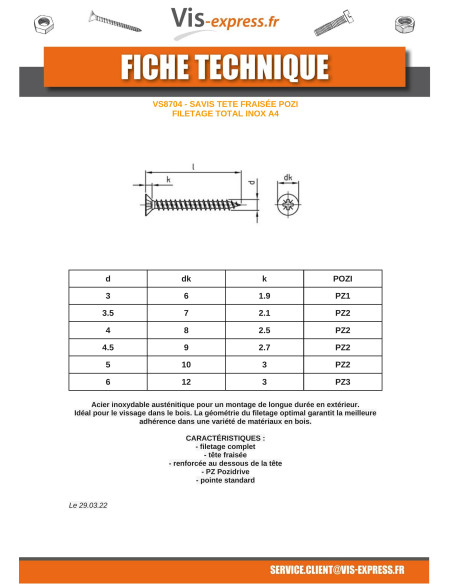 1 x VBA Vis bois agglo Tête fraisée Pozi N°2 4X20 Filetage total Inox A4