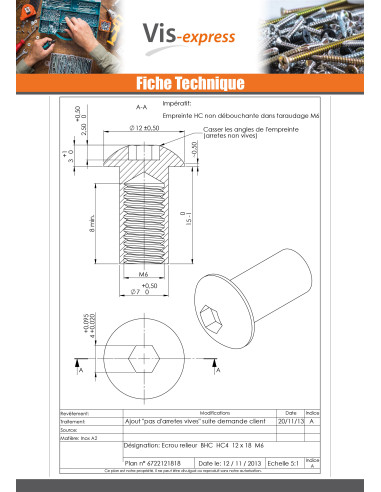 1 x Ecrou Relieur Tête bombée M6X8 Clé de 4 HC4...