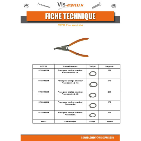 1 x PINCE Circlip Extèrieur COUDEE 90 Degrès Longueur 175
