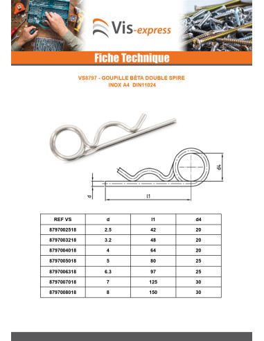 1 x Goupille Beta Double SPIRE Pour Trou 8 Inox A4