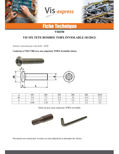 1 x Vis métaux Inox A2 Inviolable Tête bombée...