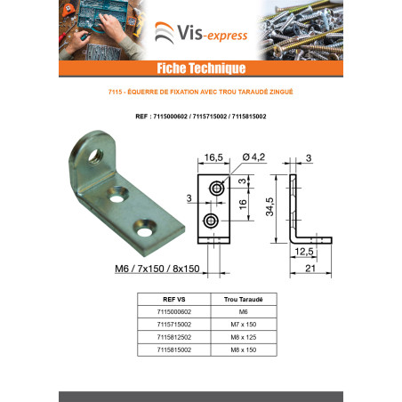1 x Equerre de fixation Trou Taraudé M7X150 Acier zingué