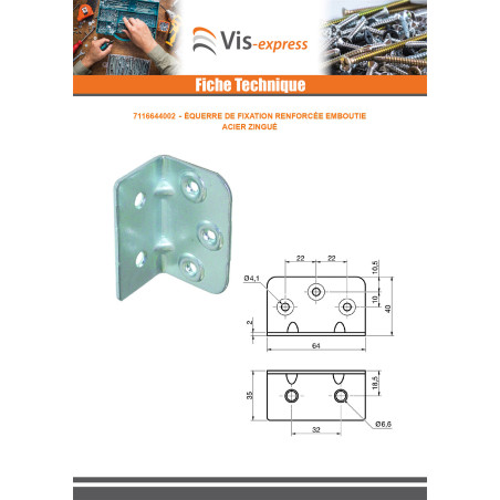 1 x Equerre de fixation renforcée emboutie 640X400X20 Acier zingué