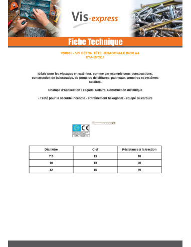 1 x Vis béton Tête hexagonale TH S13 Inox A4...