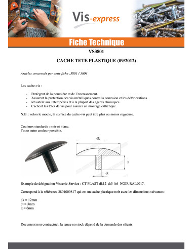 1 x Cache tête de vis Polyéthylène Diamètre de...