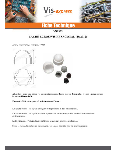 1 x Cache Ecrou ou cache tête vis Tête...