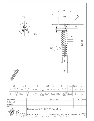 1 x Vis pvc Tête fraisée Pozi N°2 4X12 Acier...