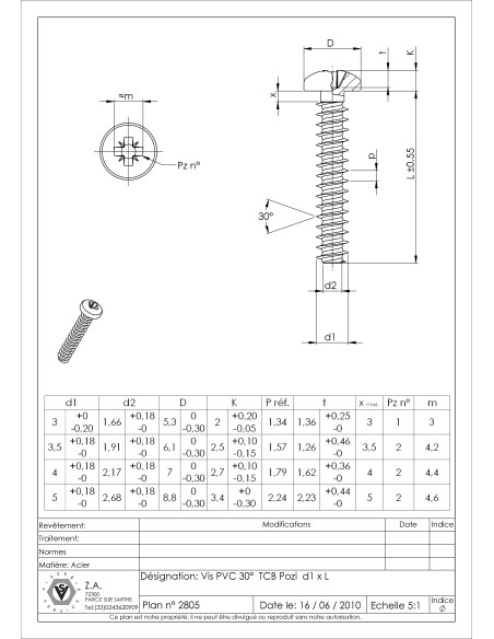 1 x Vis pvc Tête cylindrique bombée TCB Pozi N°1 3X25 Acier zingué microvis
