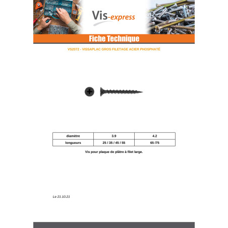 1 x Vis pour plaque de plâtre Large Filetage 3.9X45 Acier phosphate