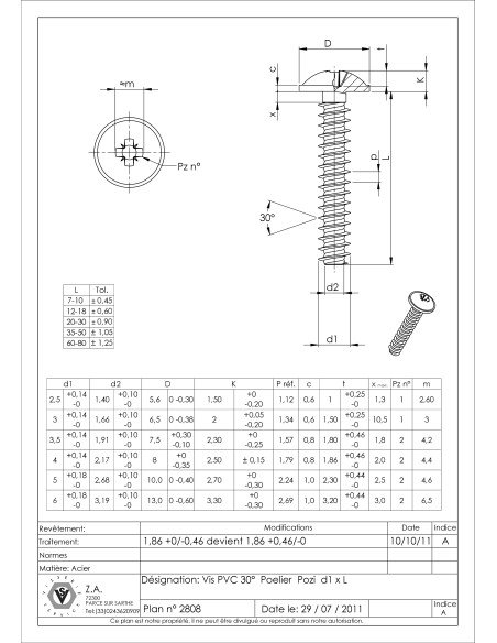 1 x Vis pvc Poelier Pozi N°2 4X25 Acier zingué