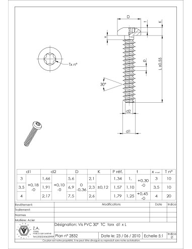 1 x Vis pvc Tête cylindrique TC TORX T10 3X10...