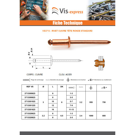 1 x Rivet Tête Ronde Standard cuivre tige acier 3.8X8 Epaisseur de serrage 2 à 4