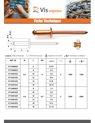 1 x Rivet Tête Ronde Standard cuivre tige acier...