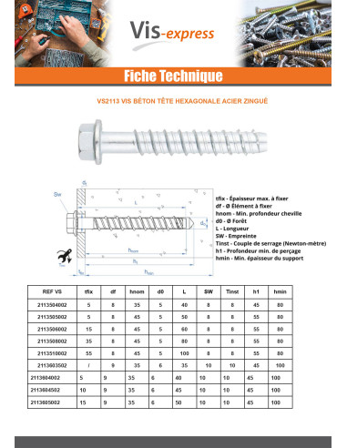 1 x Vis béton Tête hexagonale TH Embase...