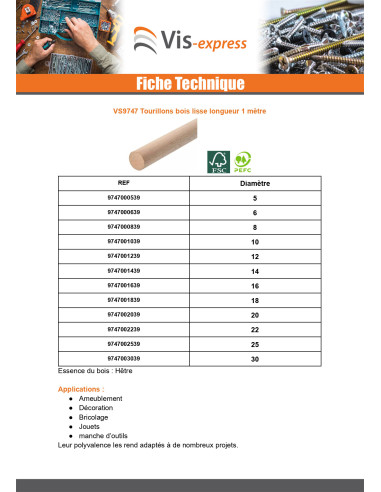 1 x Tourillon bois lisse Diamètre 8 Longueur 1...