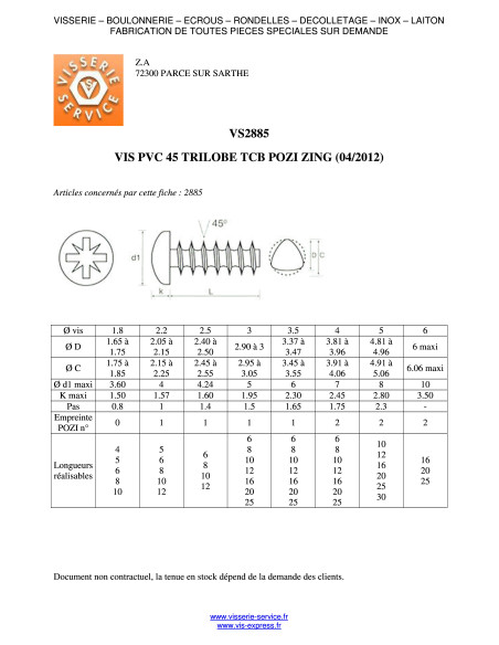 1 x Vis pvc TRILOBE Tête cylindrique bombée TCB Pozi 3X8 FILET45 Acier zingué microvis