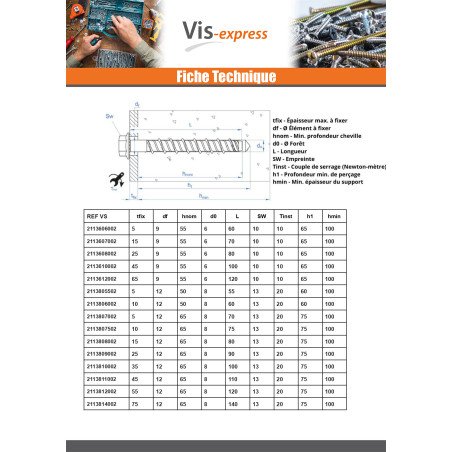 1 x Vis béton Tête hexagonale TH Embase collerette TORX T15 10X100 Acier zingué