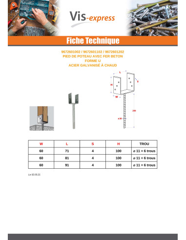 1 x Pied de poteau Forme U 60X100X81 Forte...