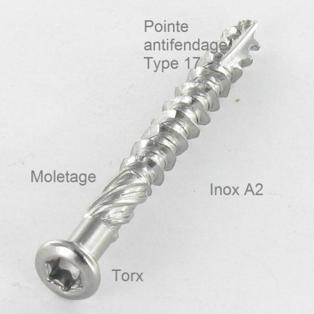 1 x Vis terrasse TEKOR Tête fraisée Cranté TORX T20 4.5X50 Pointe antifendage type 17 Inox A2