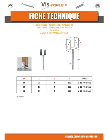 1 x Pied de poteau Forme U 60X100X91 Forte...