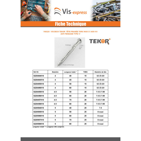 1 x Vis DECK TEKOR Tête fraisée bombée TFB TORX T20 4.5X70 Pointe antifendage type 17 Inox Inox C1 AISI 410