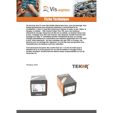 1 x Vis DECK TEKOR Tête fraisée bombée TFB TORX T20 4.5X70 Pointe antifendage type 17 Inox Inox C1 AISI 410