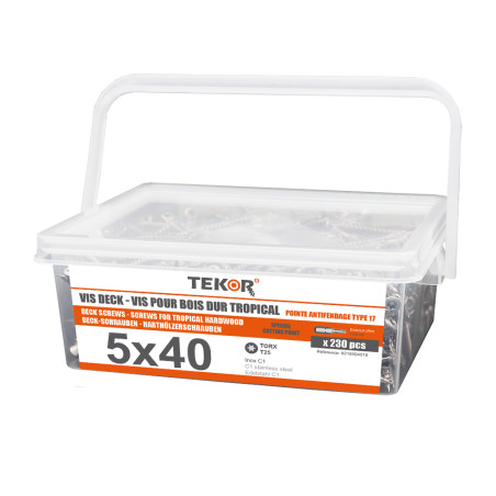 1 x Seau de 230 Vis DECK TEKOR 5X40 Pointe antifendage type 17 Inox C1 AISI 410 Tête fraisée TORX T25