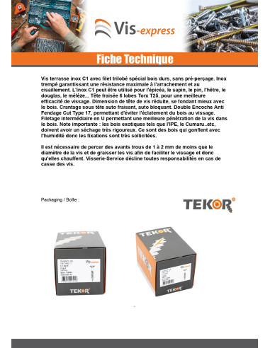 1 x Vis DECK TEKOR Tête fraisée bombée TFB TORX...