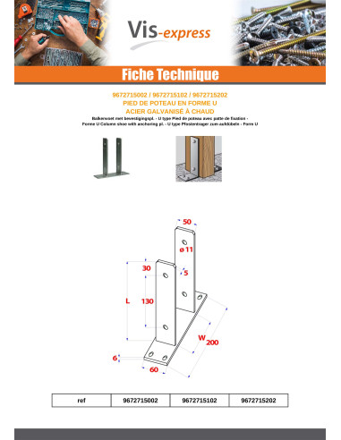 1 x Pied de poteau Forme U 91X50X200 Forte...