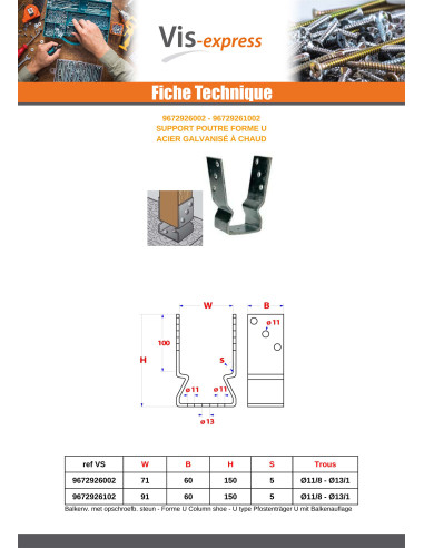 1 x Support poutre Forme U 71X60X150 Forte...