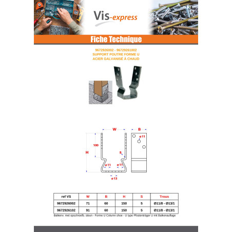 1 x Support poutre Forme U 71X60X150 Forte tenue à la corrosion Acier galvanisé à chaud