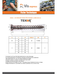 Vis terrasse TEKOR Tête fraisée Cranté TORX T25 5X50... 2