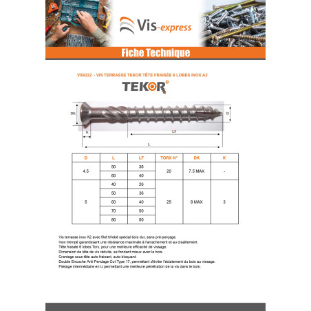 1 x Vis terrasse TEKOR Tête fraisée Cranté TORX T25 5X50 Pointe antifendage type 17 Inox A2 BRUNI