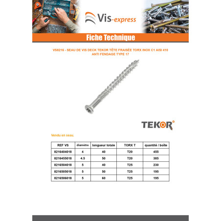 1 x Seau de 195 Vis DECK TEKOR 5X50 Pointe antifendage type 17 Inox C1 AISI 410 Tête fraisée TORX T25